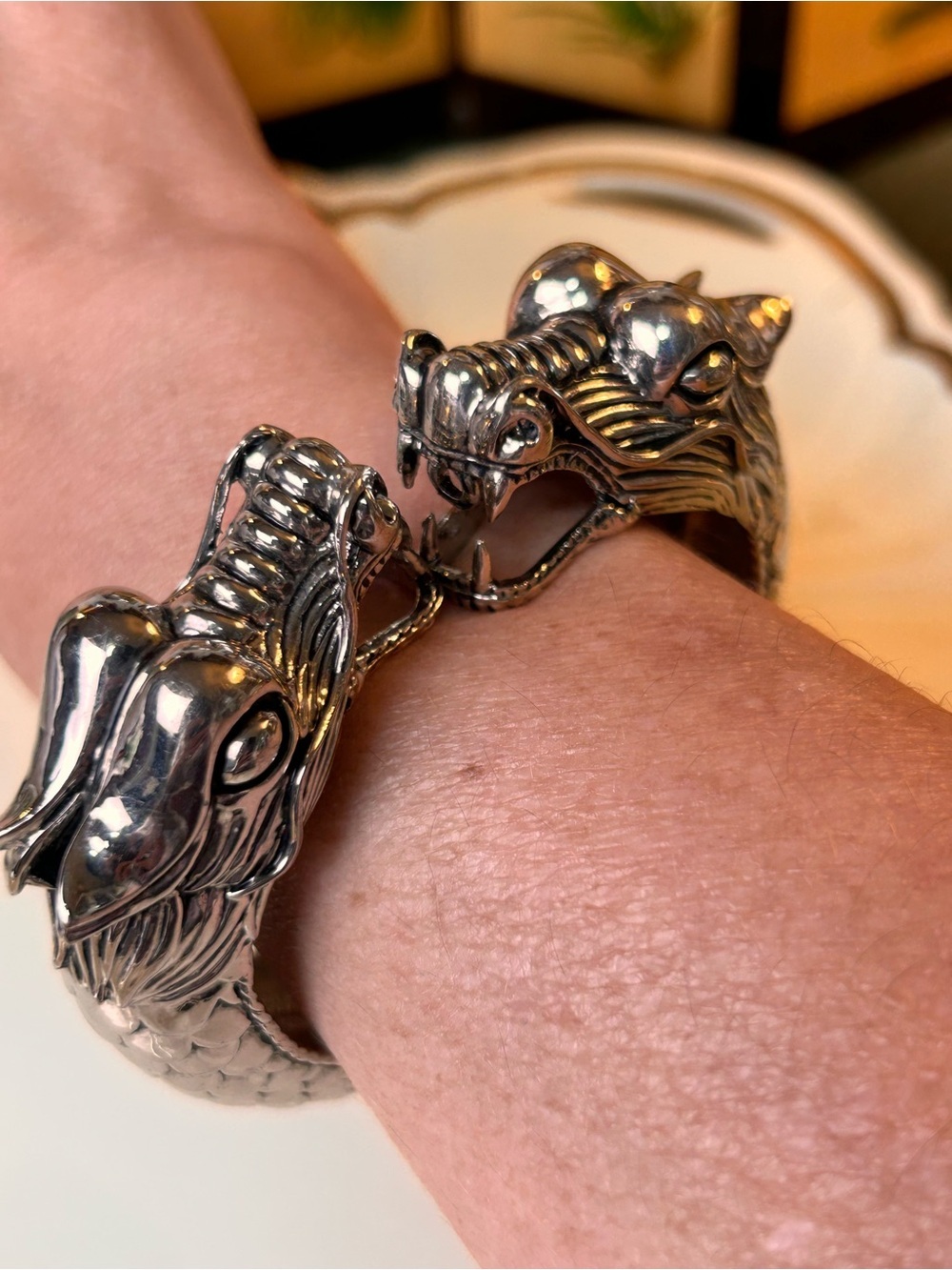 Viking Double Dragon Head Cuff Bracelet, Mythical Gothic - Picture 10 of 10